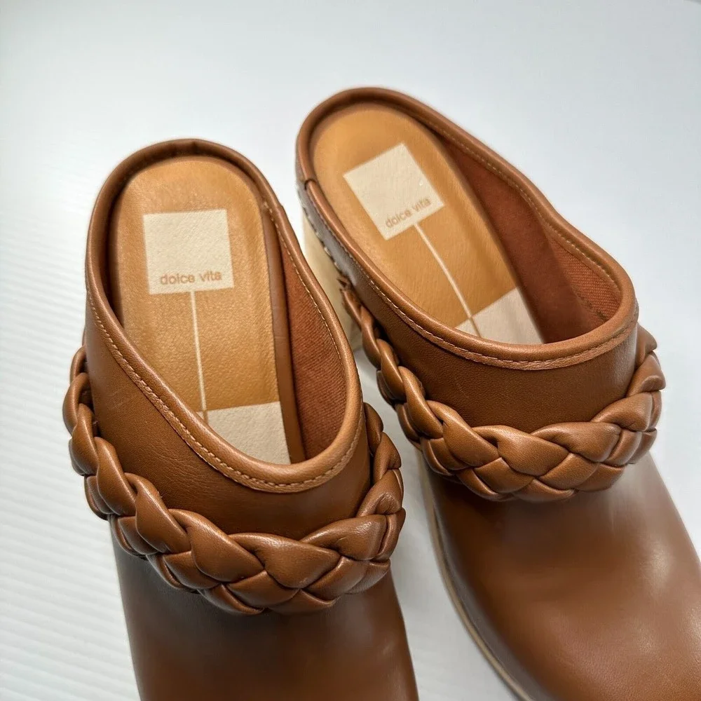 Dolce Vita Brown Braided Leather Clogs - Picture 6 of 9